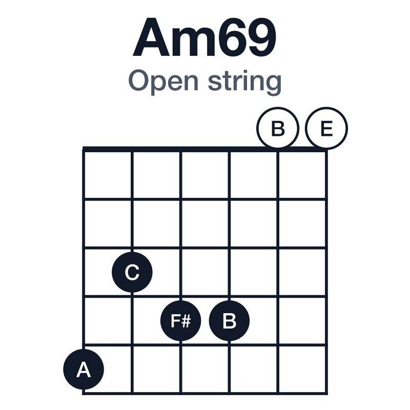 Am69 open string guitar chord diagram: A, C, E, F#, B, played 534400