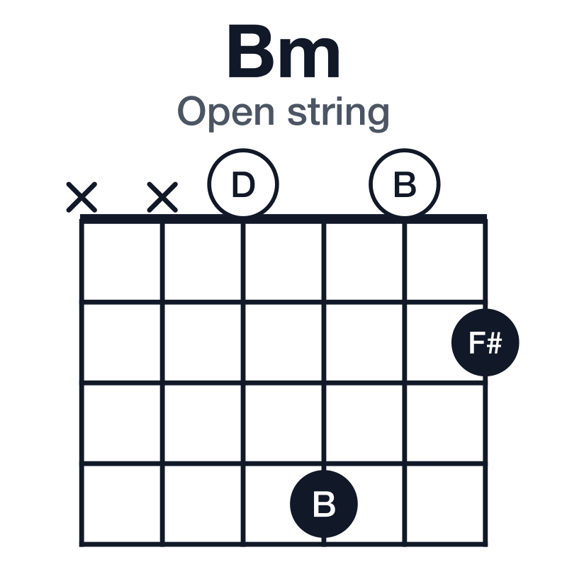 Bm open string guitar chord diagram: B, D, F#, played xx0402
